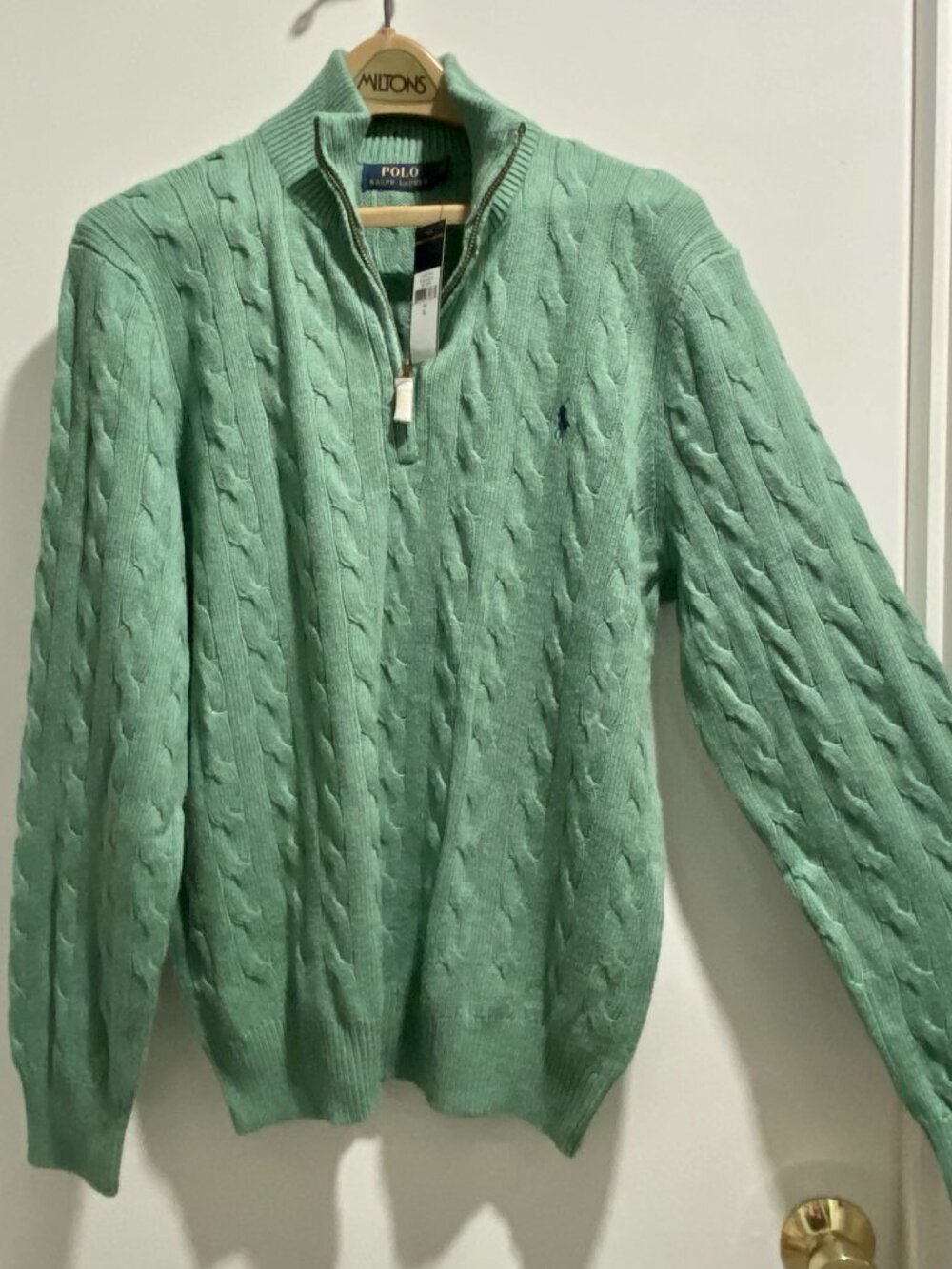 Men Polo Ralph Lauren Mint Silk Cable Knit Half Zip Mock Neck Preppy Sweater L